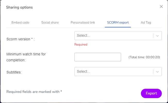 SCORM Export Settings