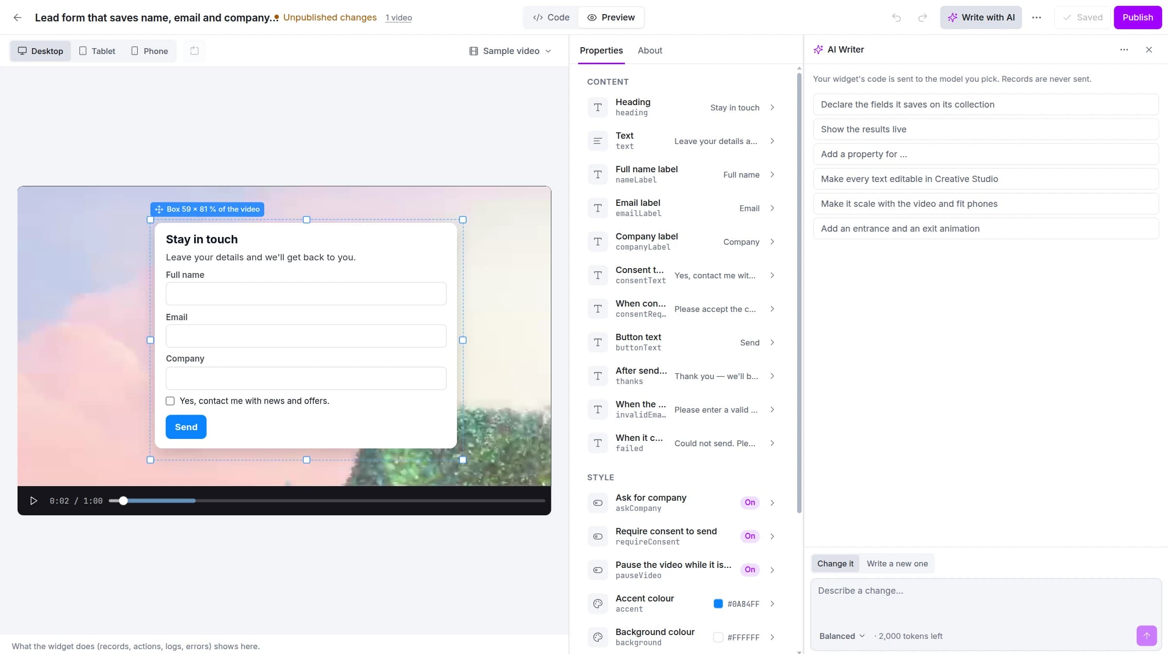 AI Writer beside the widget