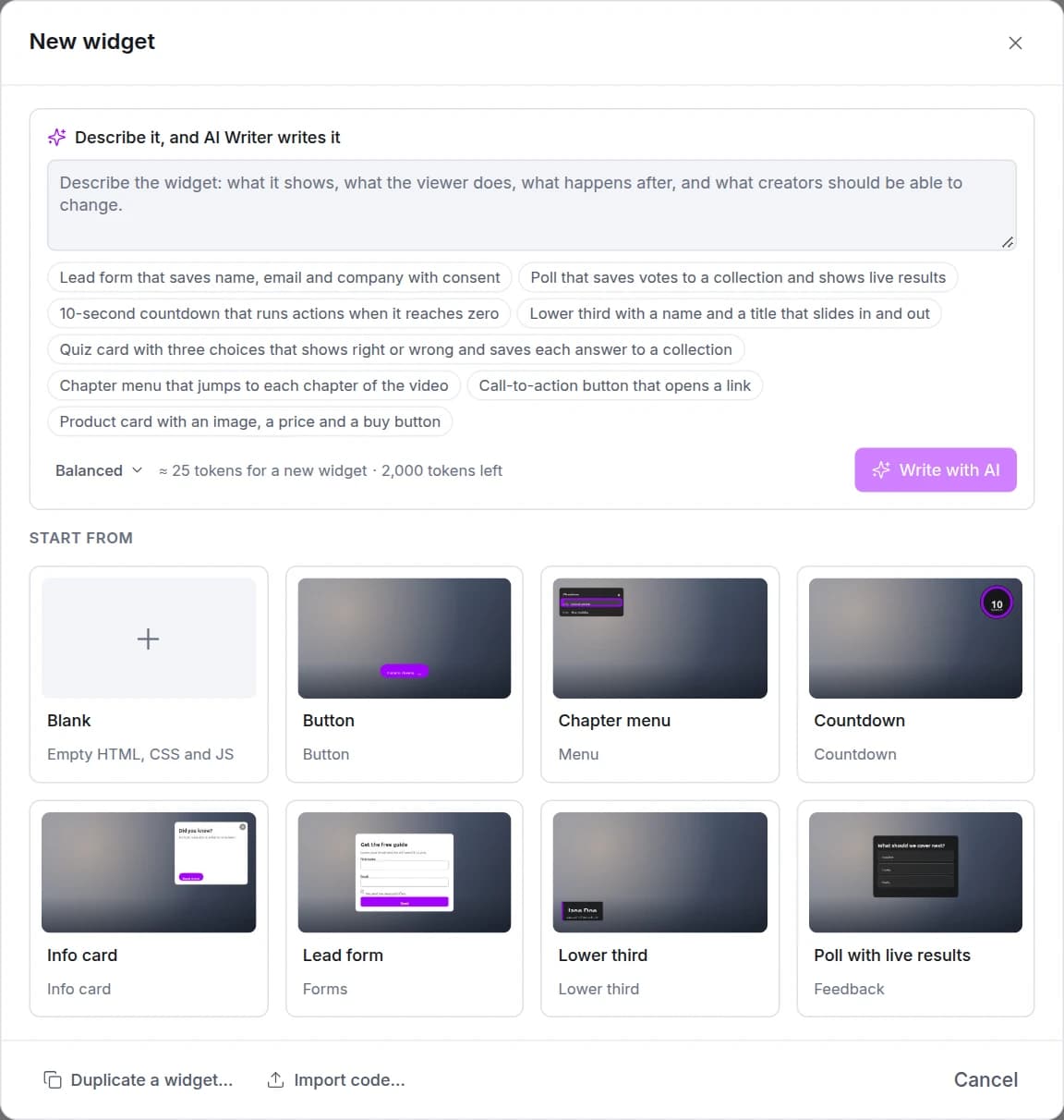 The New widget window