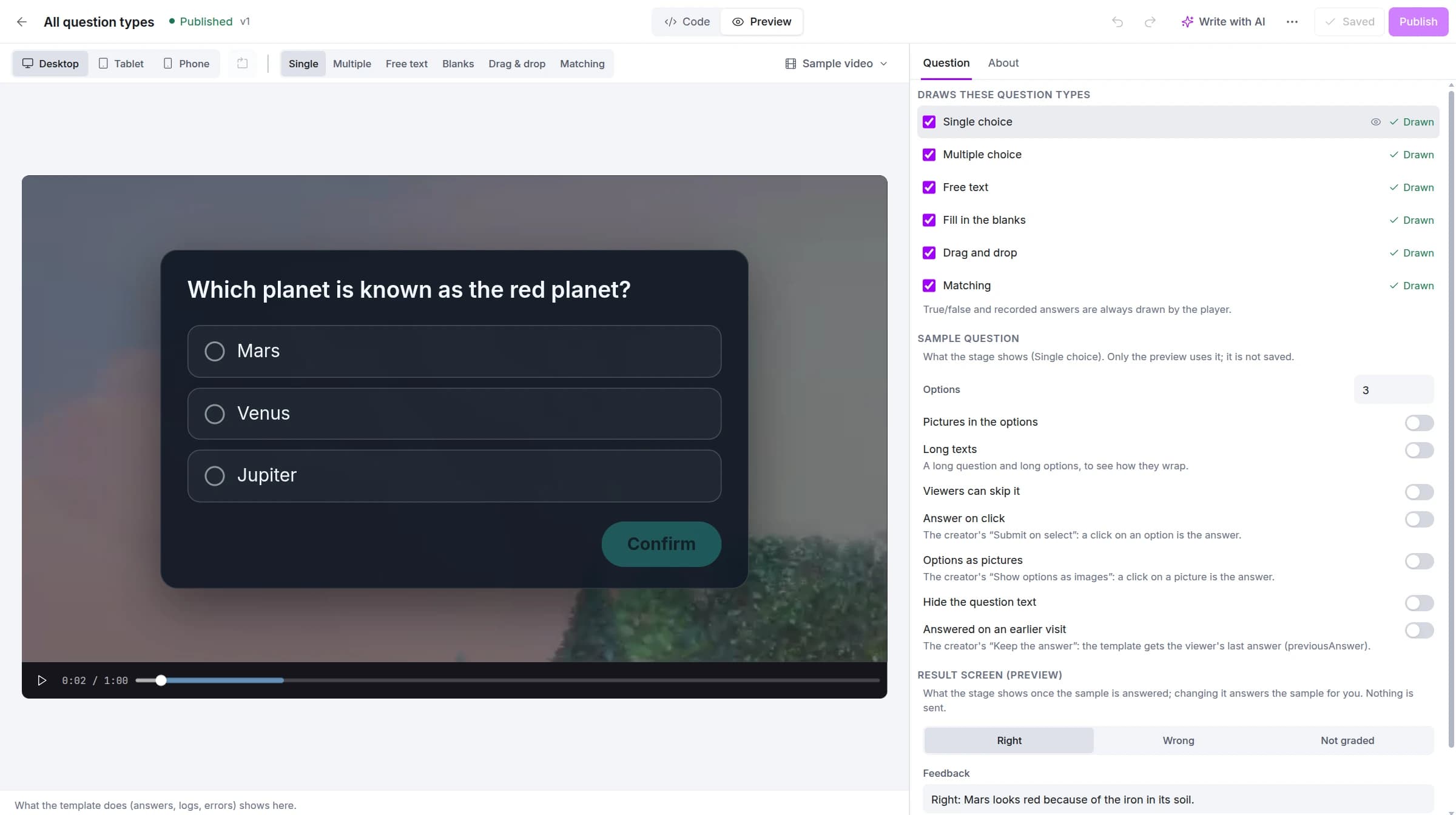 A question template in the editor: the stage and the Question tab