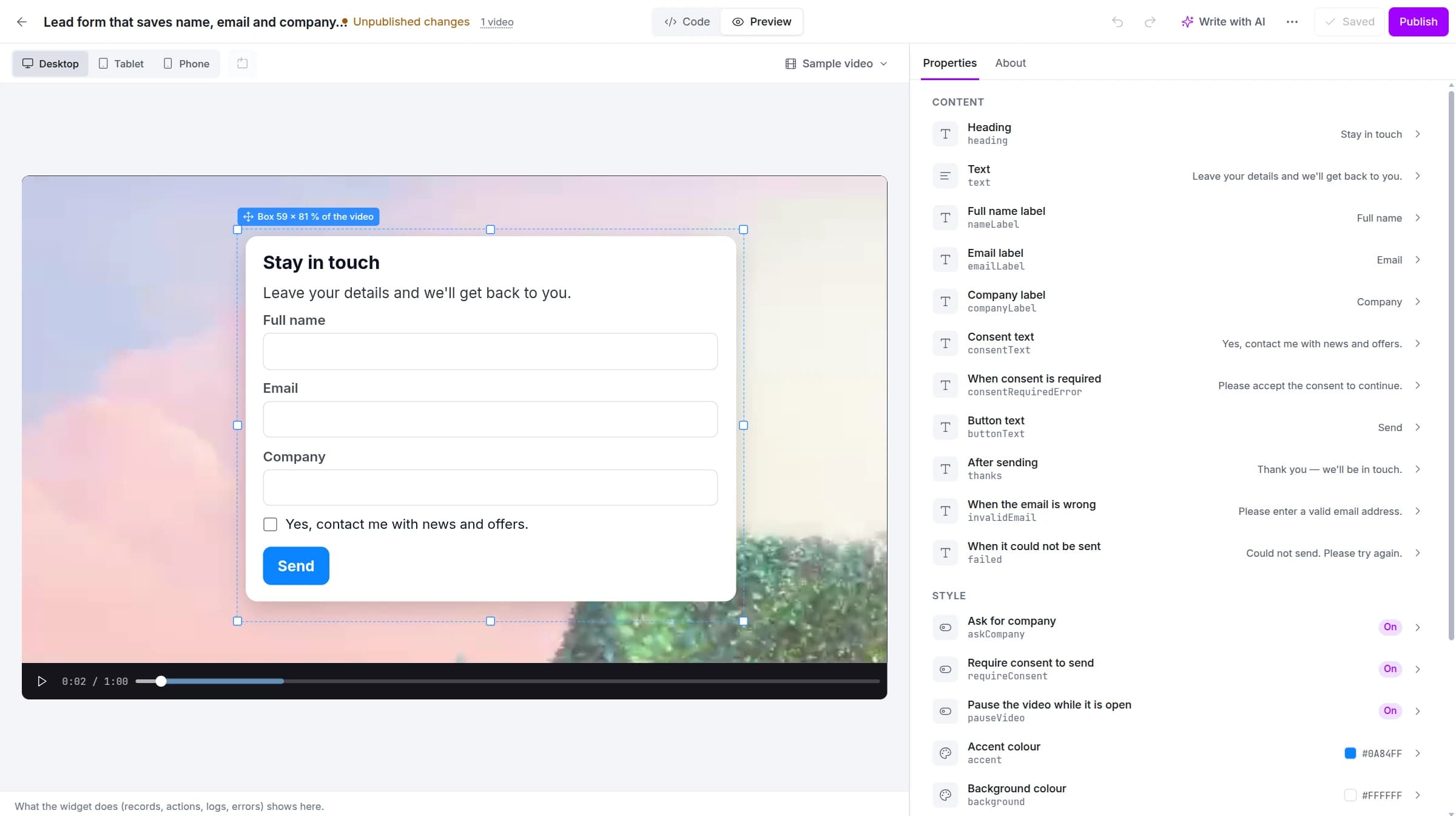 A widget in the editor, with its properties